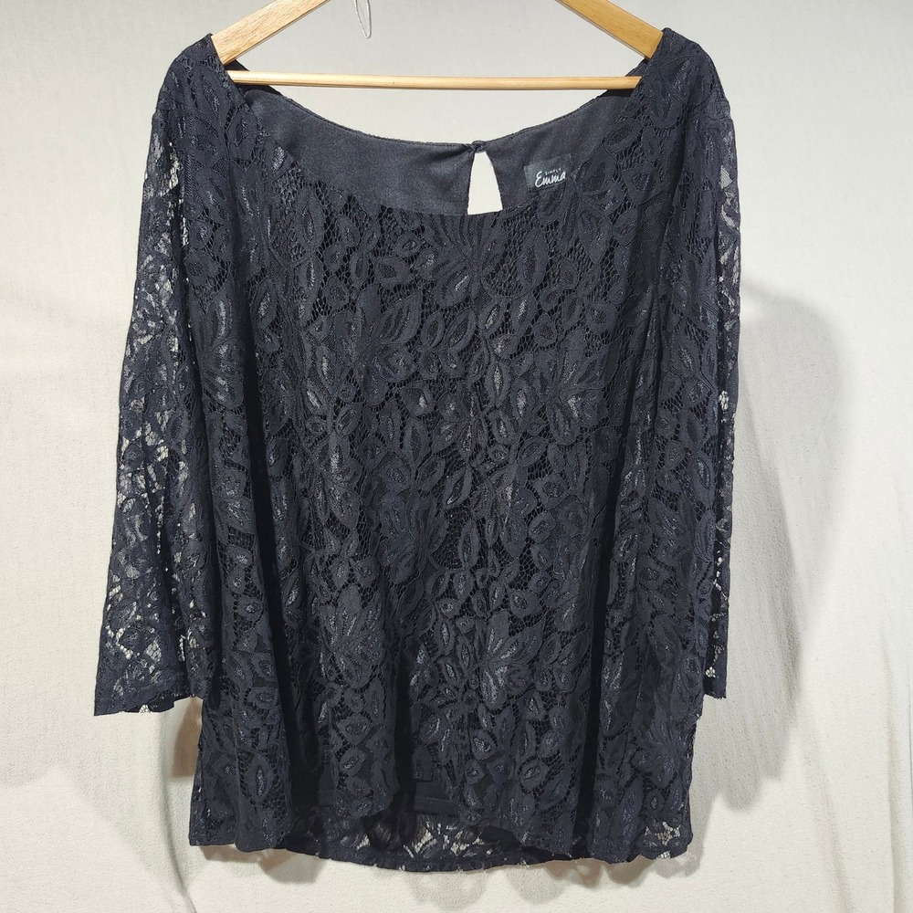 Simply Emma Women 3X Black Floral Lace 3/4 Sleeve Lined Blouse Keyhole Back Soft